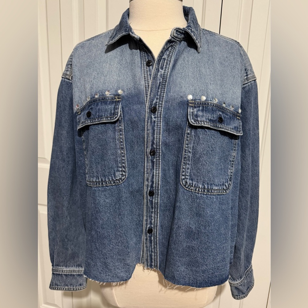 Rebecca Minkoff Cropped Boxy Ombré Denim Jacket Rhinestones Raw Hem SZ Large EUC